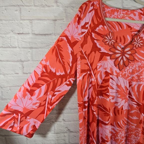 MF Soft Surroundings Floral Orange Pink Del Rio Tunic Top NWT Size XL 18 Beaded - Picture 4 of 13